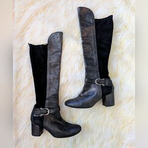 Elegant Black Metallic Leather Suede Women's Knee-High Boots Peace Buckle Sz 6.5
